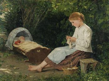 Albert Anker : Knitting girl watching the toddler in a craddle